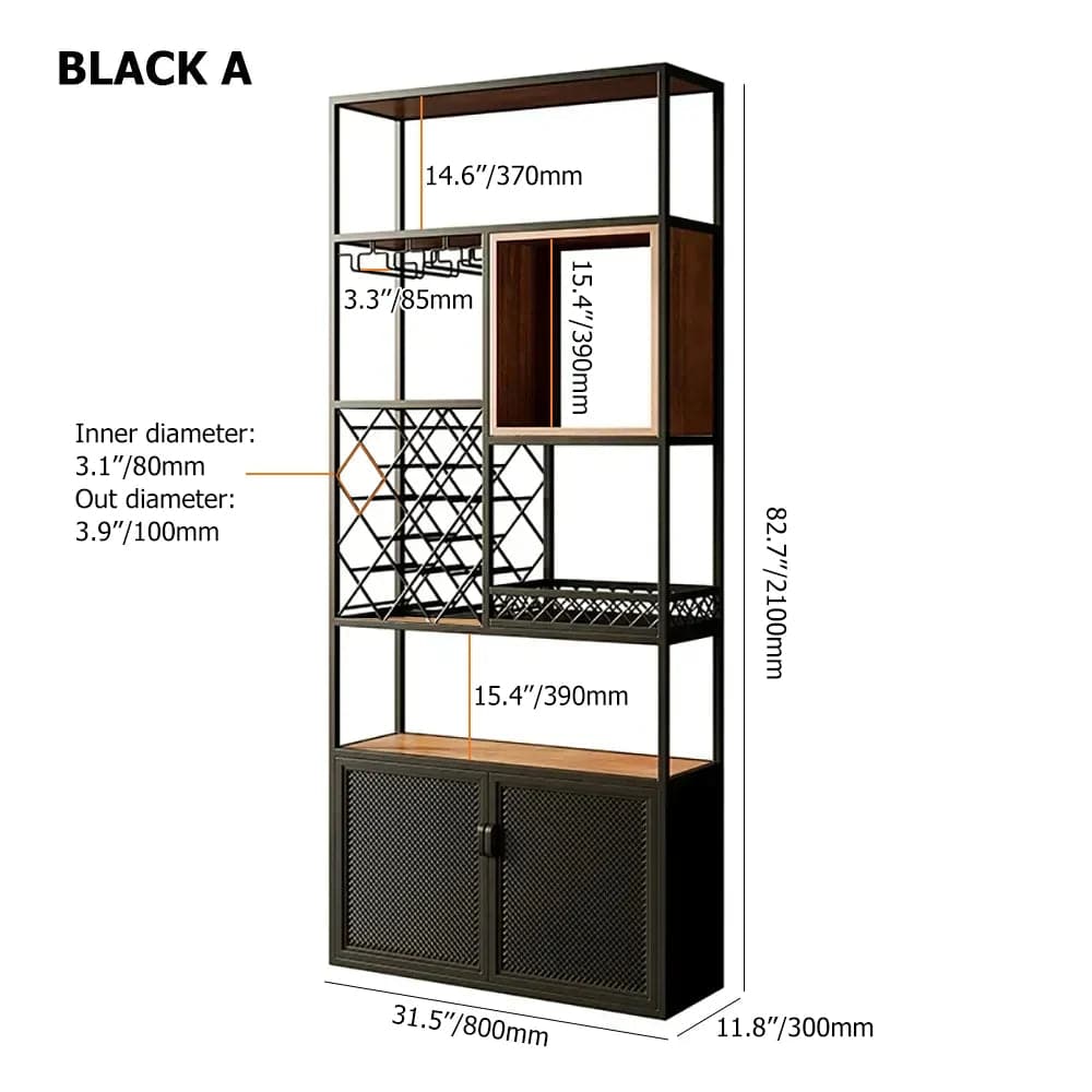 Industrial Tall Black Bar Wine Rack Cabinet with Glass Holder Wood Hom