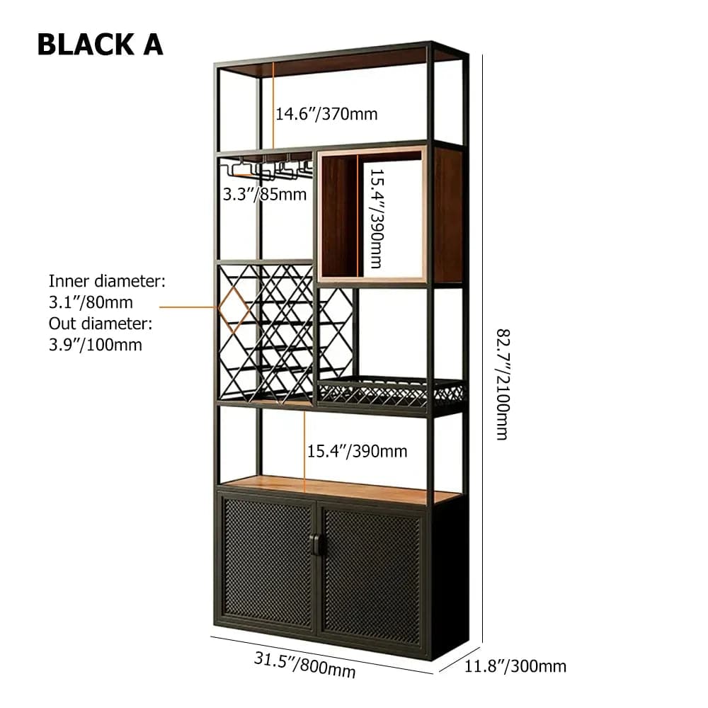 Industrial Tall Black Bar Wine Rack Cabinet with Glass Holder Wood Home Bar Cabinet#A