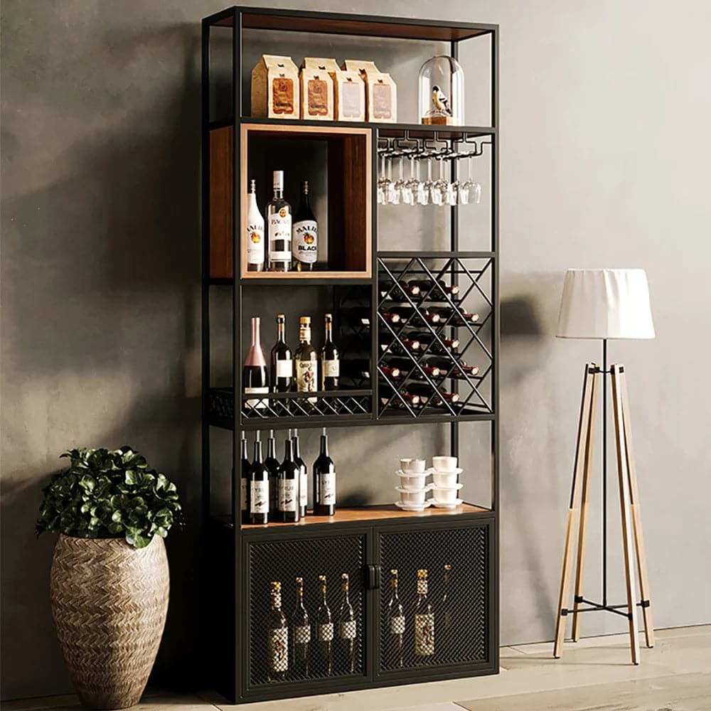 Industrial Tall Black Bar Wine Rack Cabinet with Glass Holder Wood Home Bar Cabinet#B