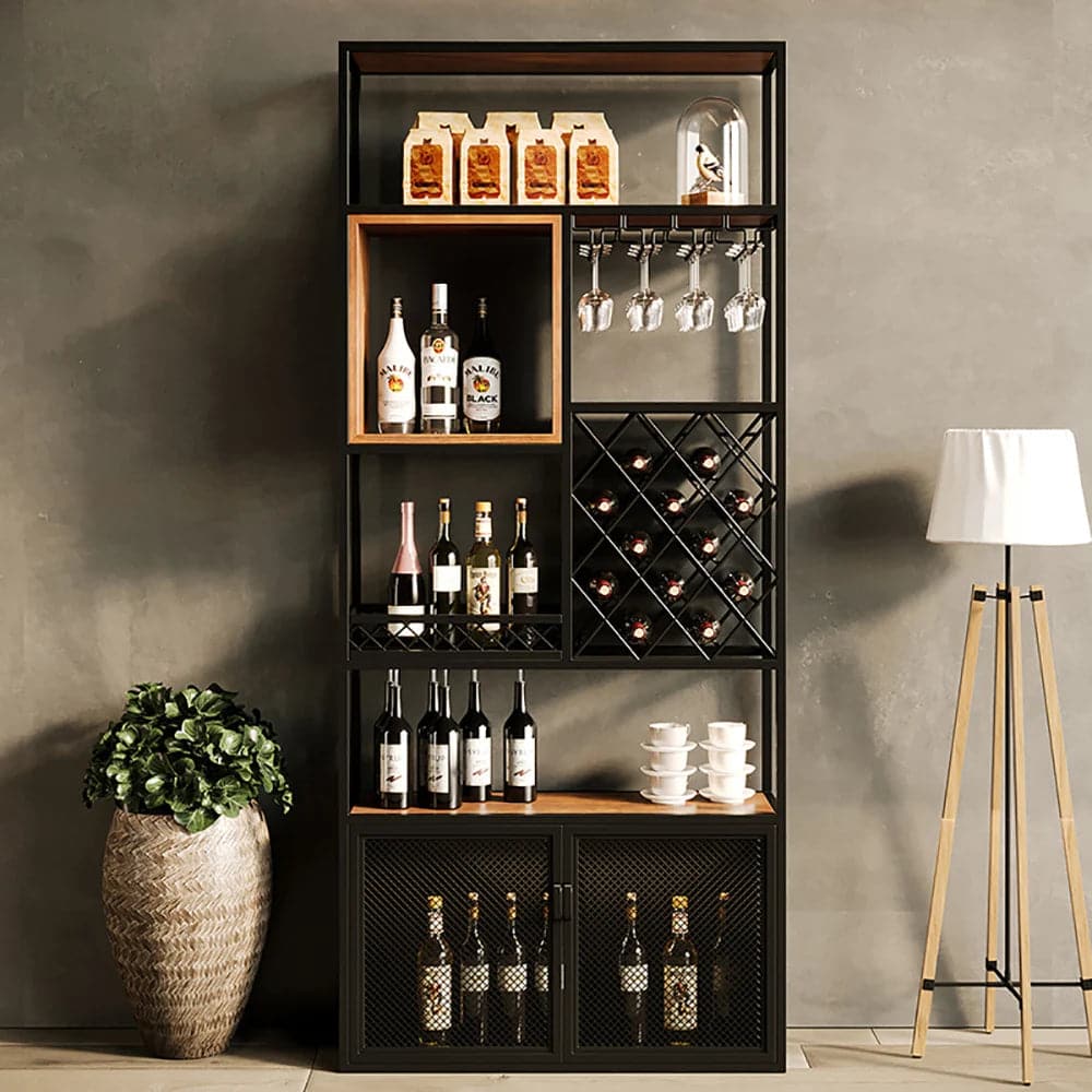 Industrial Tall Black Bar Wine Rack Cabinet with Glass Holder Wood Home Bar Cabinet#B