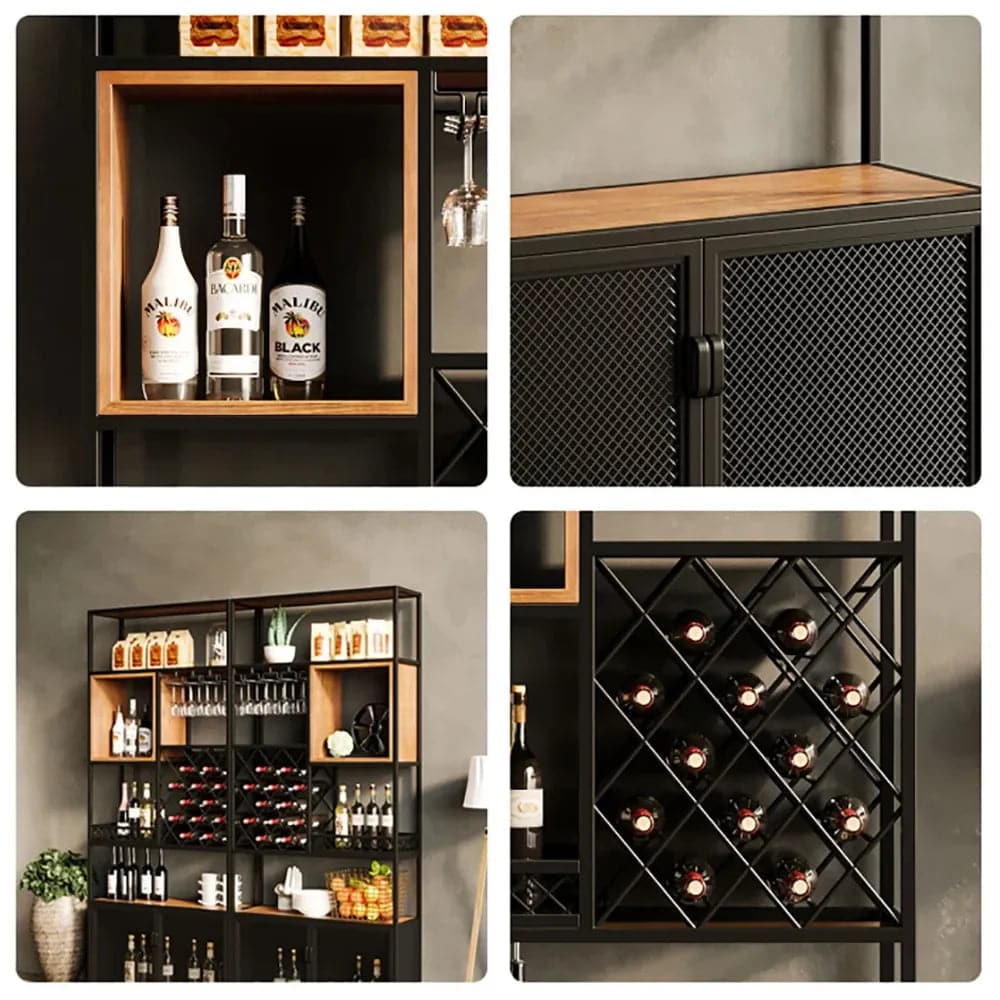 Industrial Tall Black Bar Wine Rack Cabinet with Glass Holder Wood Home Bar Cabinet#B