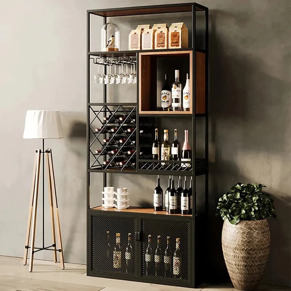 Industrial Tall Black Bar Wine Rack Cabinet with Glass Holder Wood Home Bar Cabinet#A