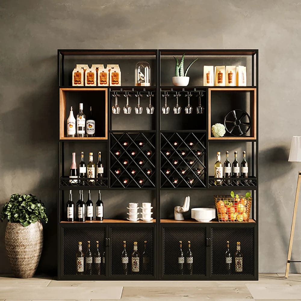 Industrial Tall Black Bar Wine Rack Cabinet with Glass Holder Wood Home Bar Cabinet#B