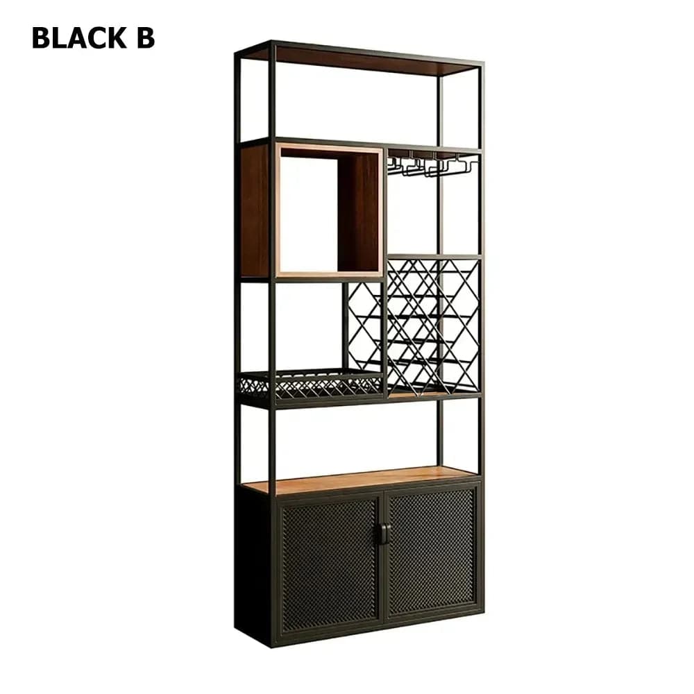 Industrial Tall Black Bar Wine Rack Cabinet with Glass Holder Wood Home Bar Cabinet#B