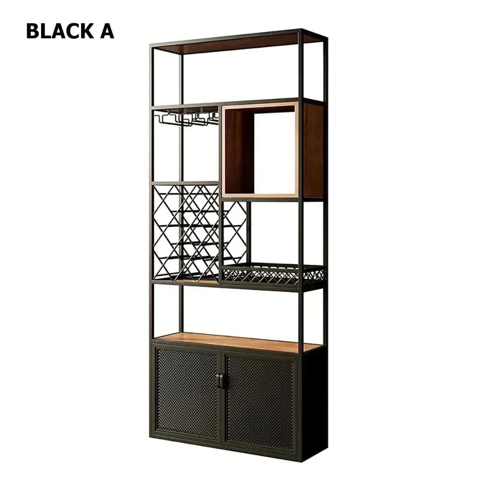 Industrial Tall Black Bar Wine Rack Cabinet with Glass Holder Wood Home Bar Cabinet#A