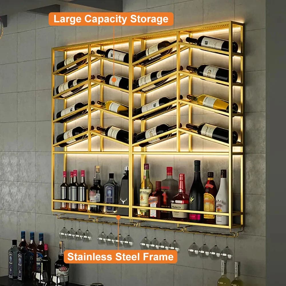 Industrial Wood and Metal Wall Mounted Gold Wine Rack with Glass and Bottle Rack