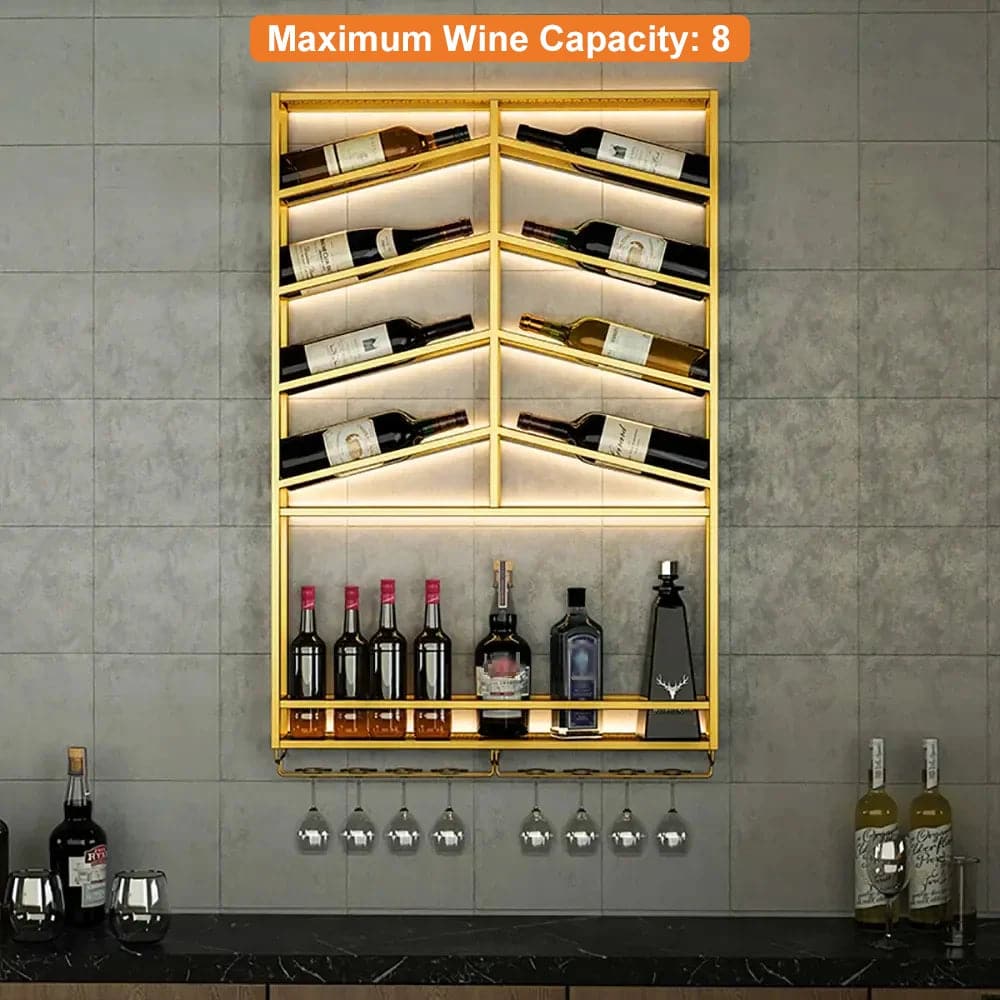 Industrial Wood and Metal Wall Mounted Gold Wine Rack with Glass and Bottle Rack