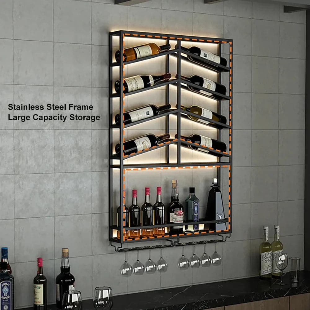 Industrial Wood and Metal Wall Mounted Black Wine Rack with Glass and Bottle Rack