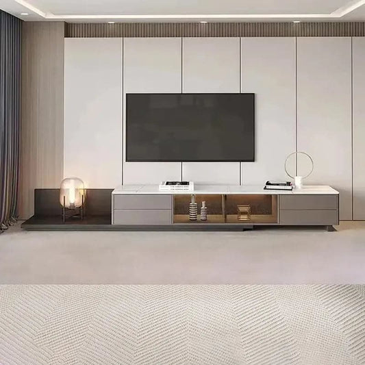 Meuble TV rétractable de style italien avec 4 tiroirs et lumière LED pour téléviseur jusqu'à 120 pouces