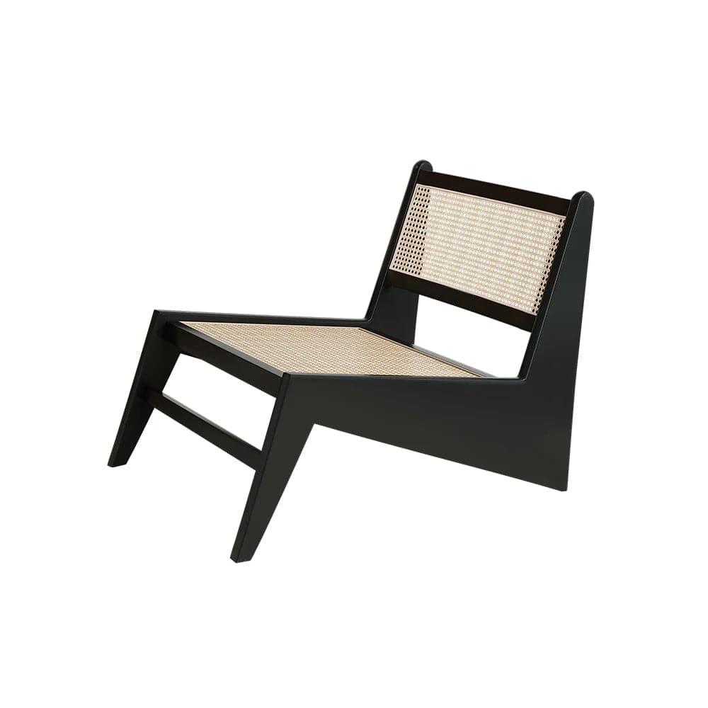 Japandi Black Rattan and Wood Lounge Chair Accent Chair for Living Room