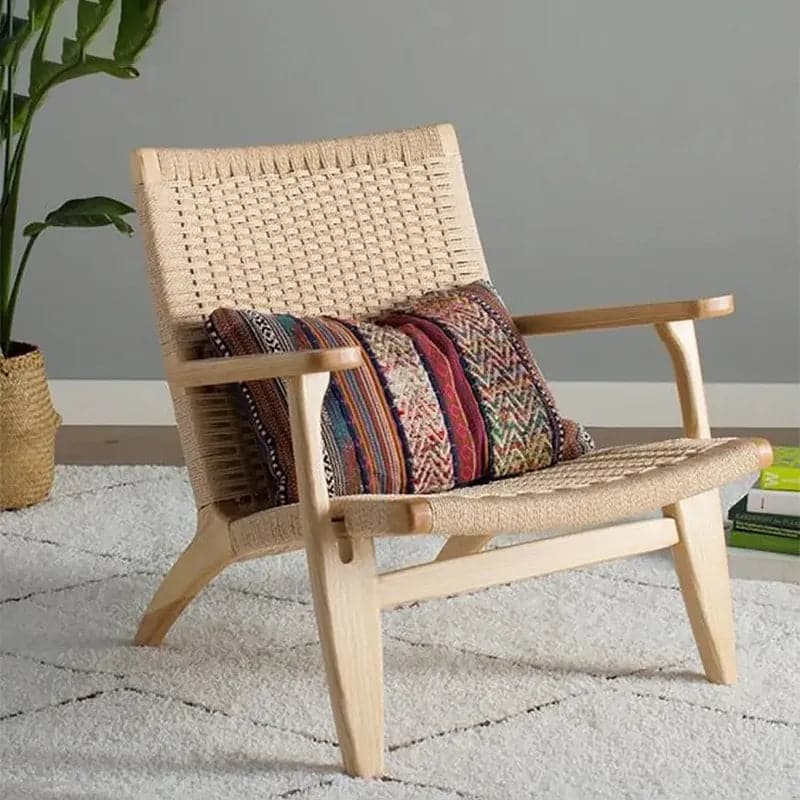 Japandi – chaise longue d'extérieur en bois massif, fauteuil avec corde en papier Kraft, siège tissé