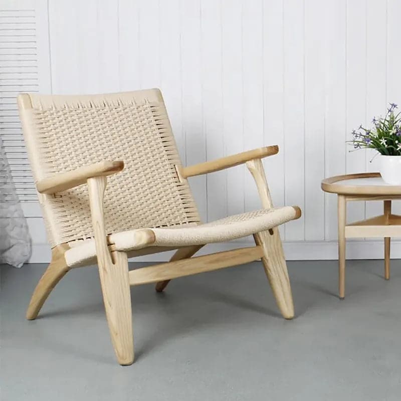 Japandi – chaise longue d'extérieur en bois massif, fauteuil avec corde en papier Kraft, siège tissé