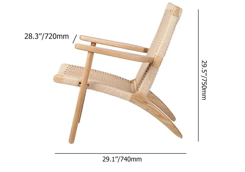 Japandi Solid Wood Outdoor Patio Lounge Chair Armchair Kraft Paper Rope Woven Seat