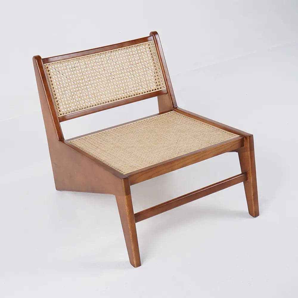 Japandi Walnut Rattan and Wood Lounge Chair Accent Chair for Living Room