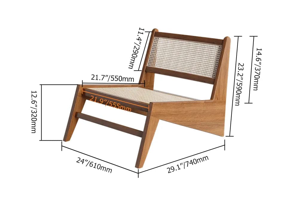 Japandi Walnut Rattan and Wood Lounge Chair Accent Chair for Living Room