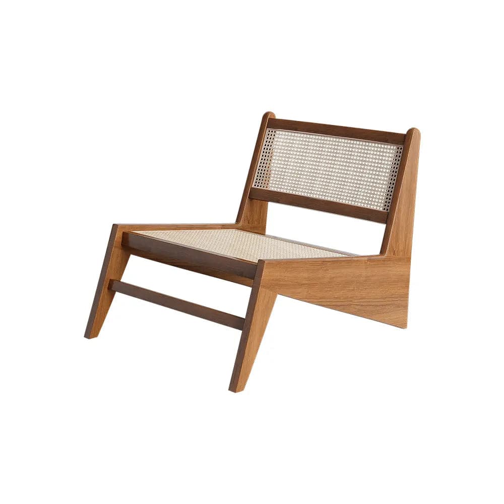 Japandi Walnut Rattan and Wood Lounge Chair Accent Chair for Living Room