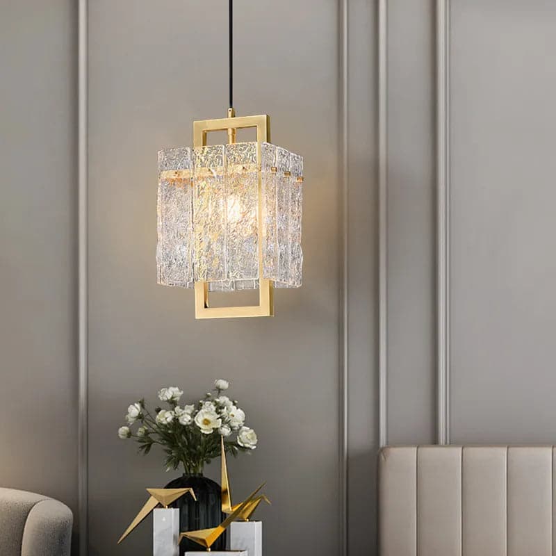 1-Light Brass Geometric Pendant Light with Water-ripple Glass Shade