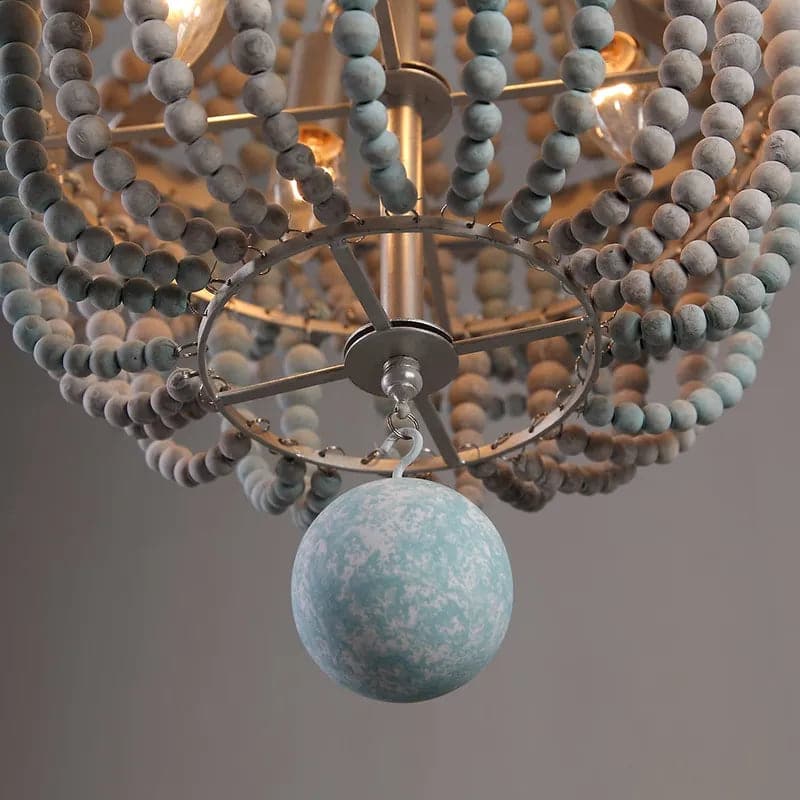 Lustre Empire en perles de bois Boho, plafonnier en gris, bleu et blanc