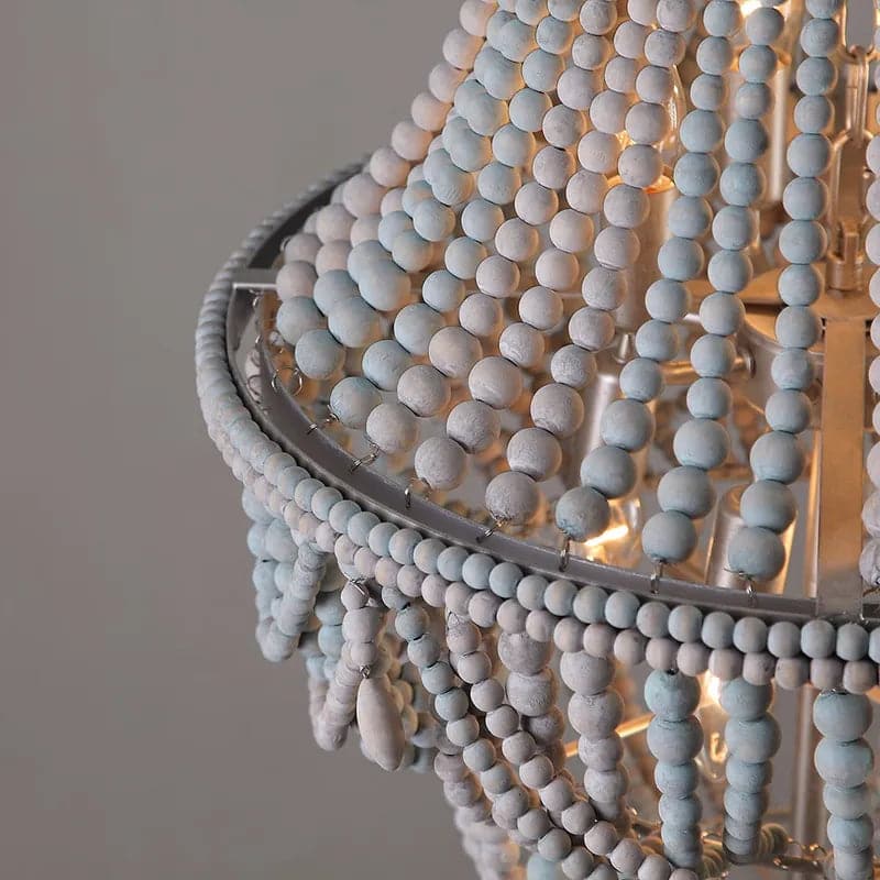 Lustre Empire en perles de bois Boho, plafonnier en gris, bleu et blanc