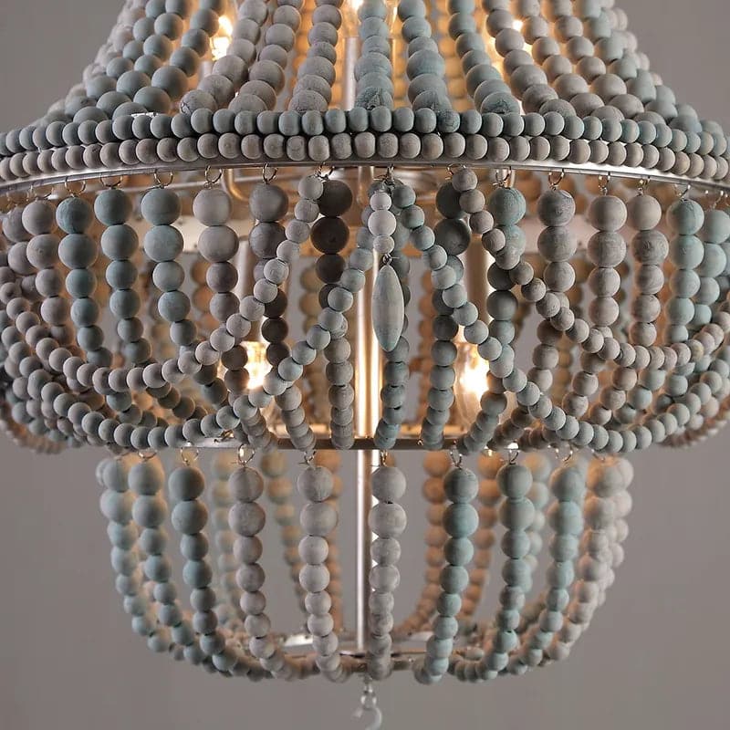 Lustre Empire en perles de bois Boho, plafonnier en gris, bleu et blanc