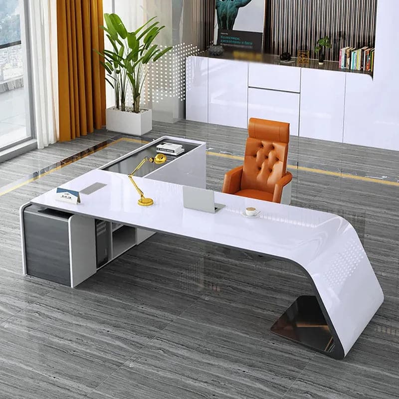 L-Shaped Right Hand&Left Hand Modern White Office Desk with Storage#Right-S