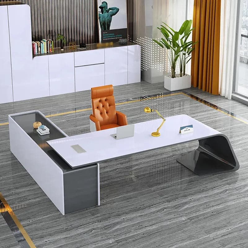 L-Shaped Right Hand&Left Hand Modern White Office Desk with Storage#Right-S