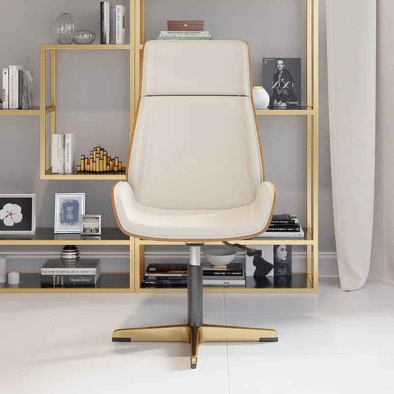 Leather Office Desk Chair High Back Adjustable Swivel Executive Chair in Beige/Black/White & Gold