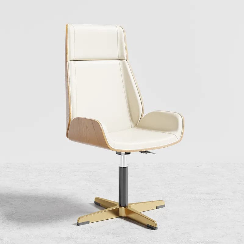 Leather Office Desk Chair High Back Adjustable Swivel Executive Chair in Beige/Black/White & Gold