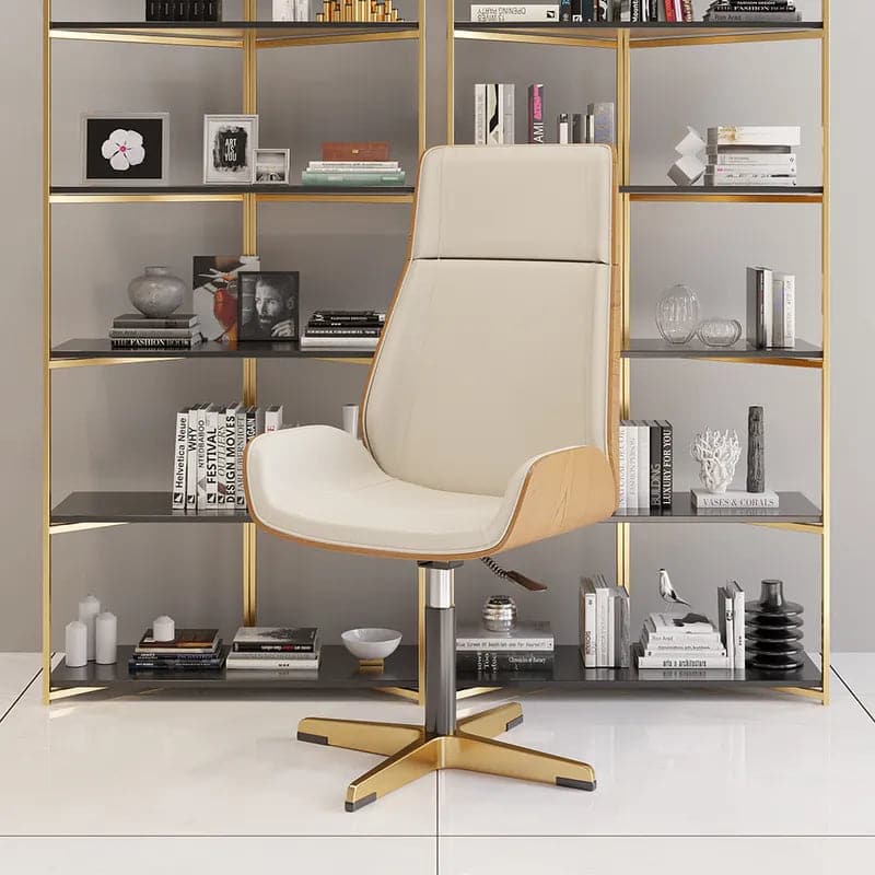 Chaise de bureau en cuir, chaise de direction pivotante et réglable à dossier haut, beige/noir/blanc et or
