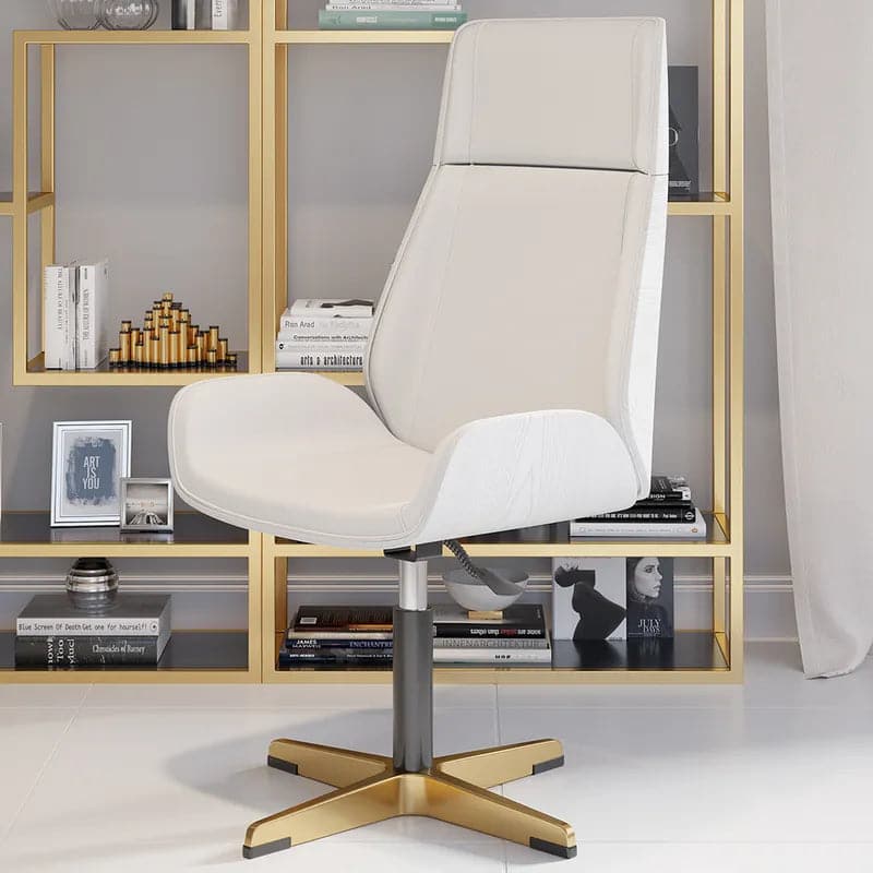 Leather Office Desk Chair High Back Adjustable Swivel Executive Chair in Beige/Black/White & Gold