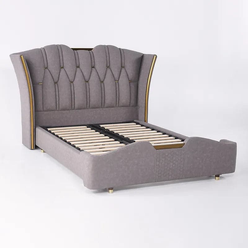 Luxury Light Gray Leath-Aire Queen Bed Upholstered Low Profile Wingback Bed