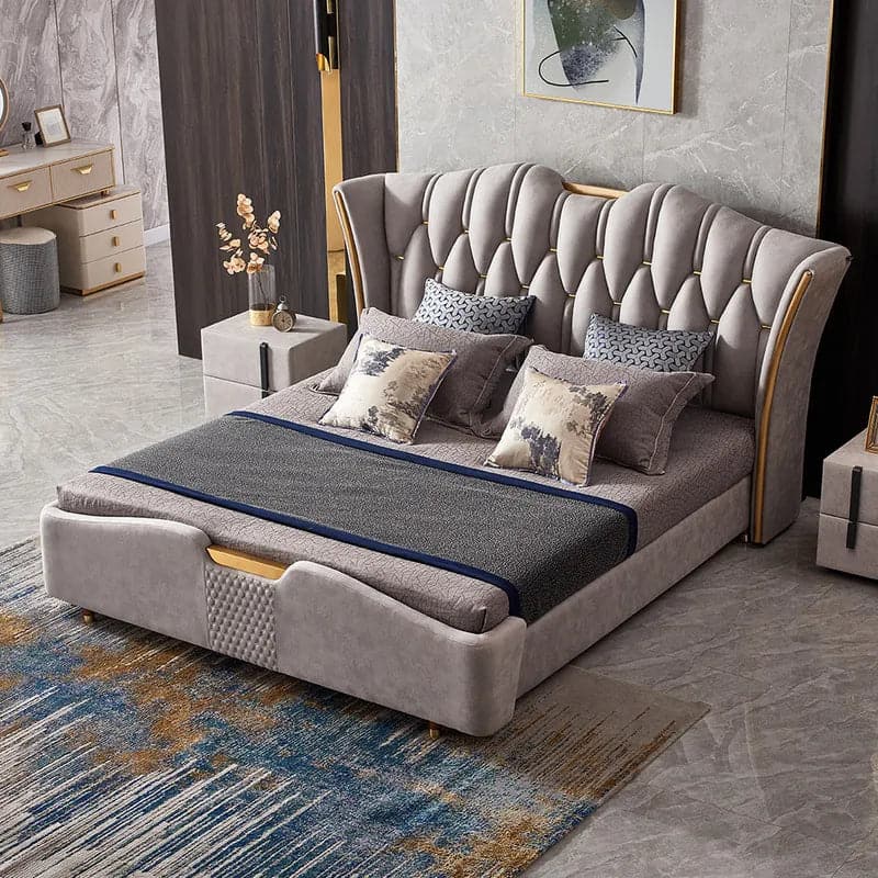 Luxury Light Gray Leath-Aire Queen Bed Upholstered Low Profile Wingback Bed