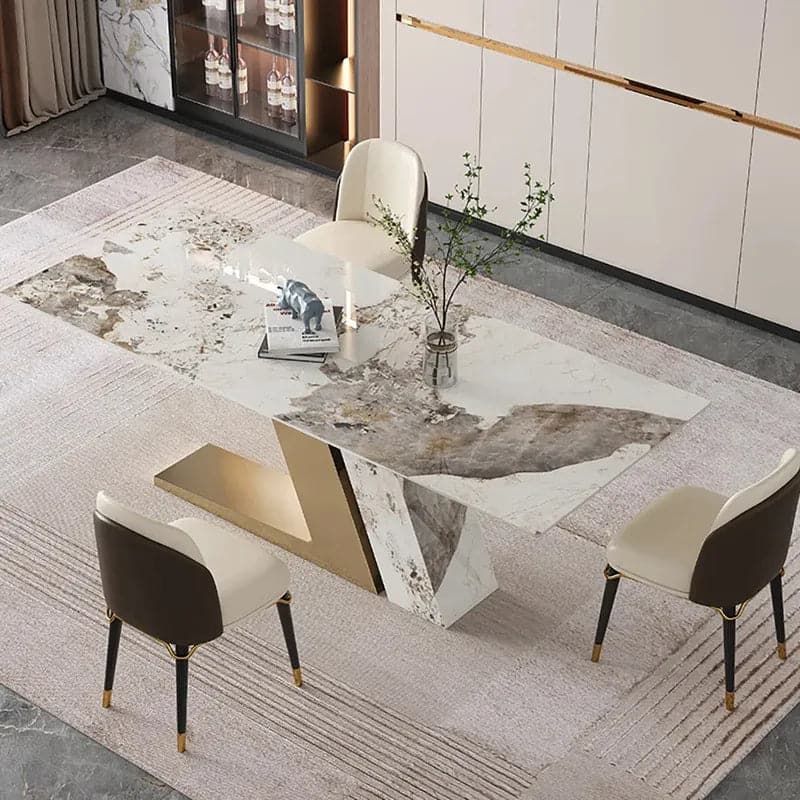 Modern 79 Inches Rectangle Sintered Stone Dining Table with 6 Chairs in Gold