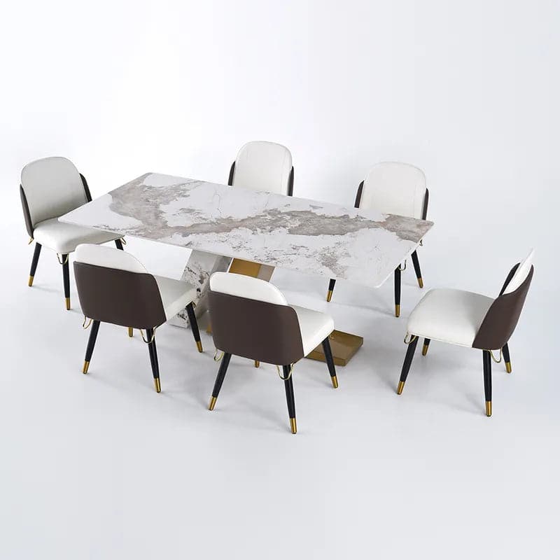 Modern 79 Inches Rectangle Sintered Stone Dining Table with 6 Chairs in Gold