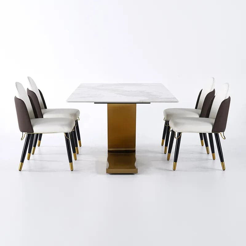 Modern 79 Inches Rectangle Sintered Stone Dining Table with 6 Chairs in Gold