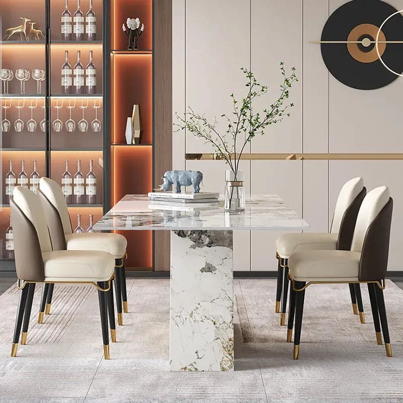 Modern 79 Inches Rectangle Sintered Stone Dining Table with 6 Chairs in Gold