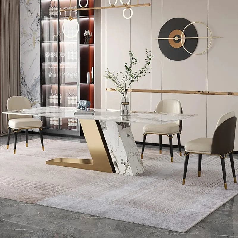 Modern 79 Inches Rectangle Sintered Stone Dining Table with 6 Chairs in Gold