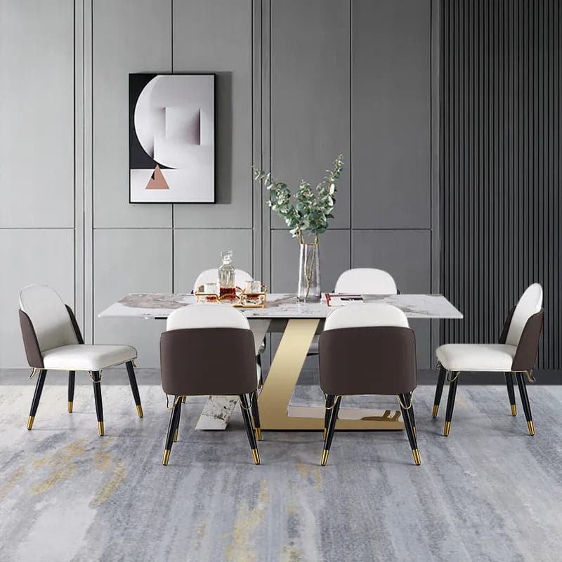 Modern 79 Inches Rectangle Sintered Stone Dining Table with 6 Chairs in Gold