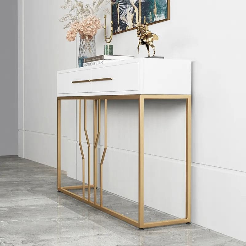 Table console étroite de luxe avec tiroirs, plateau en bois blanc