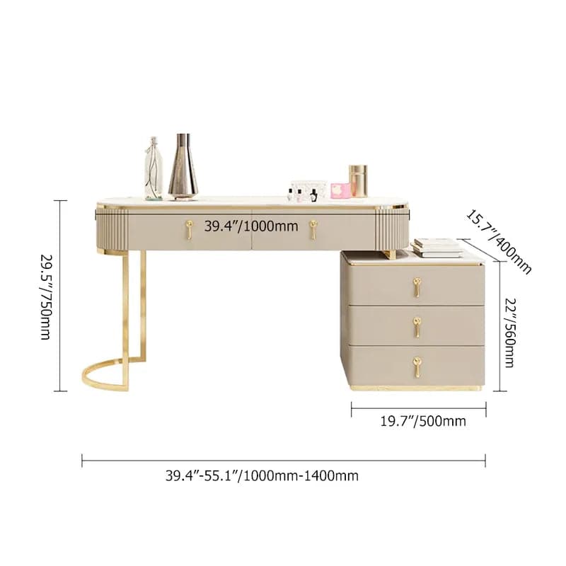 Makeup Vanity Extendable 5-Drawer Dressing Table with Cabinet in Champagne