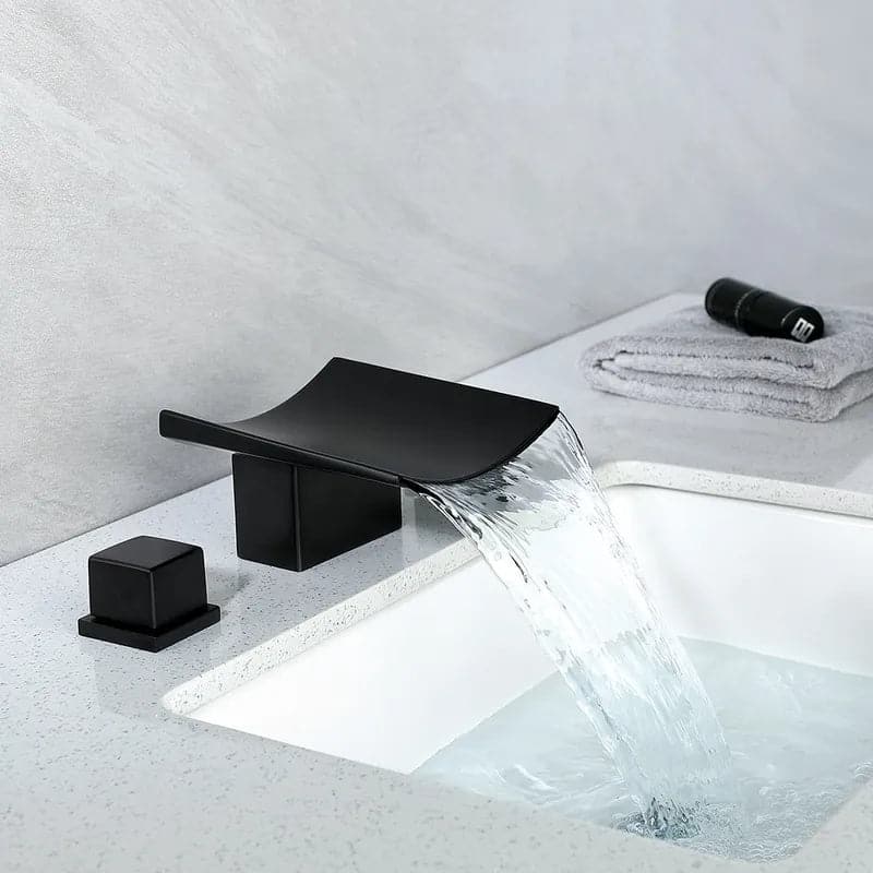 Robinet de lavabo de salle de bain à large cascade noire, boutons doubles