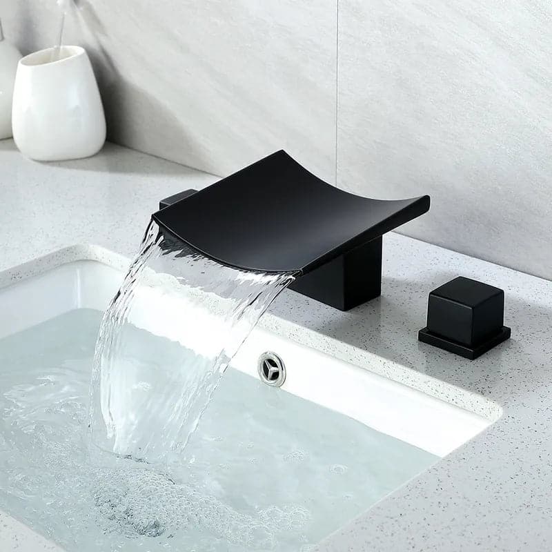 Robinet de lavabo de salle de bain à large cascade noire, boutons doubles