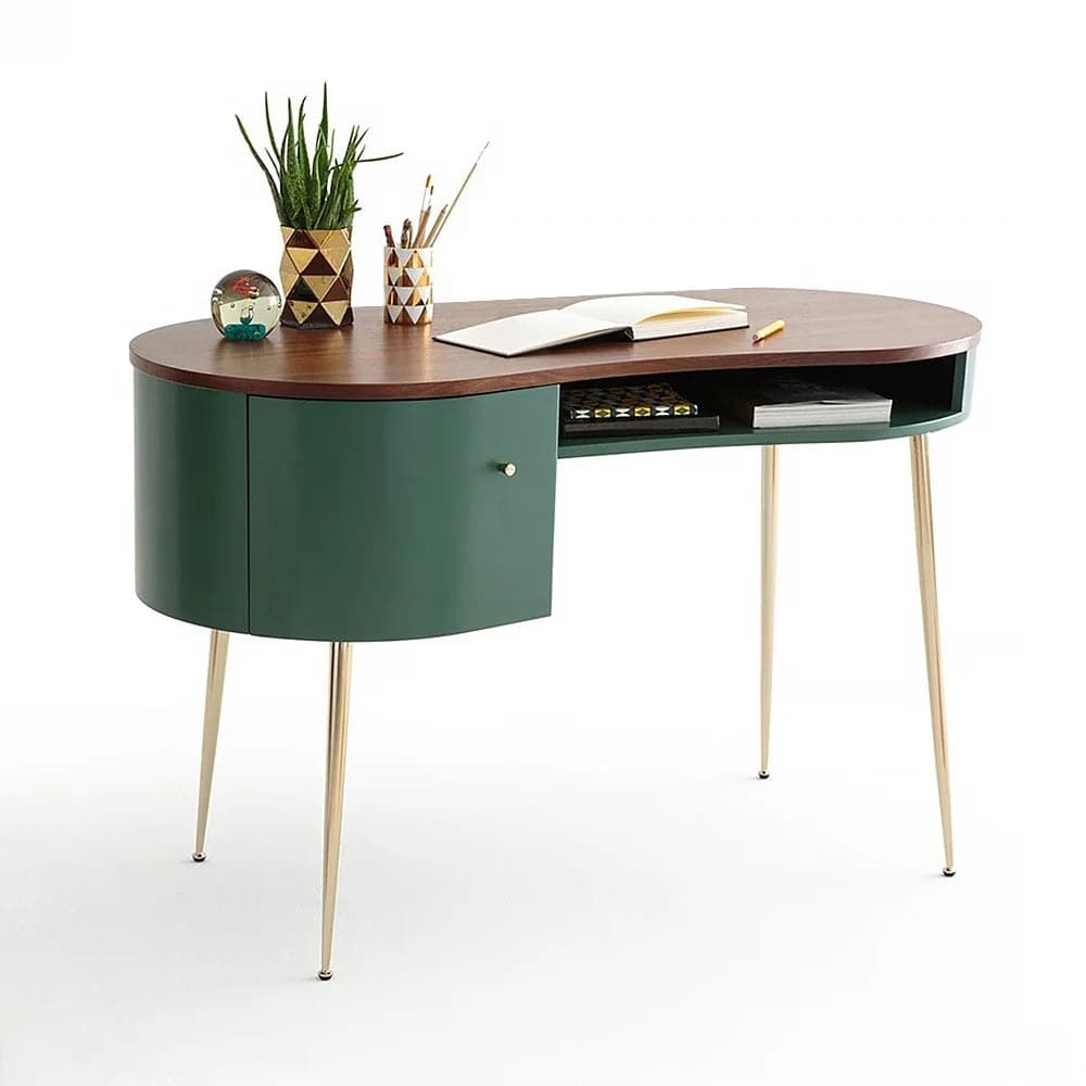 Bureau d'ordinateur incurvé moderne du milieu du siècle avec étagère et rangement