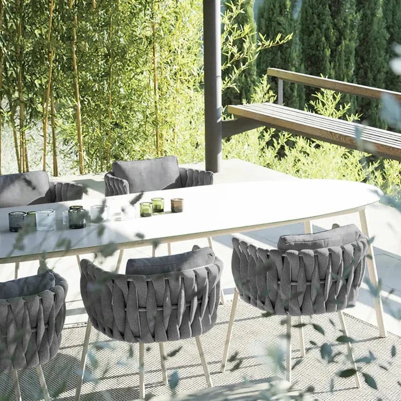 Mid Century Modern Aluminum & Rattan Outdoor Patio Dining Chair Armchair Gray (Set of 2)
