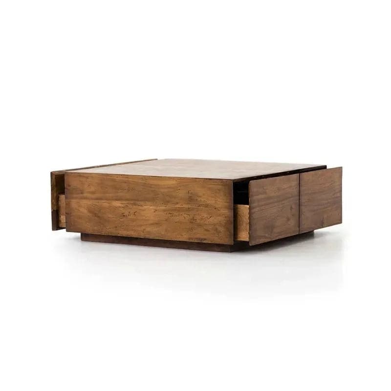 Japandi Square Coffee Table with 4 Drawers Storage Wooden Pedestal Coffee Table