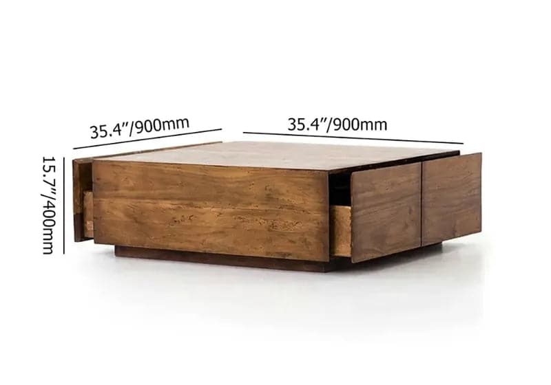 Japandi Square Coffee Table with 4 Drawers Storage Wooden Pedestal Coffee Table