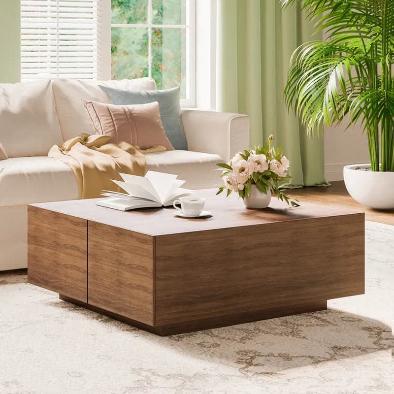 Japandi Square Coffee Table with 4 Drawers Storage Wooden Pedestal Coffee Table