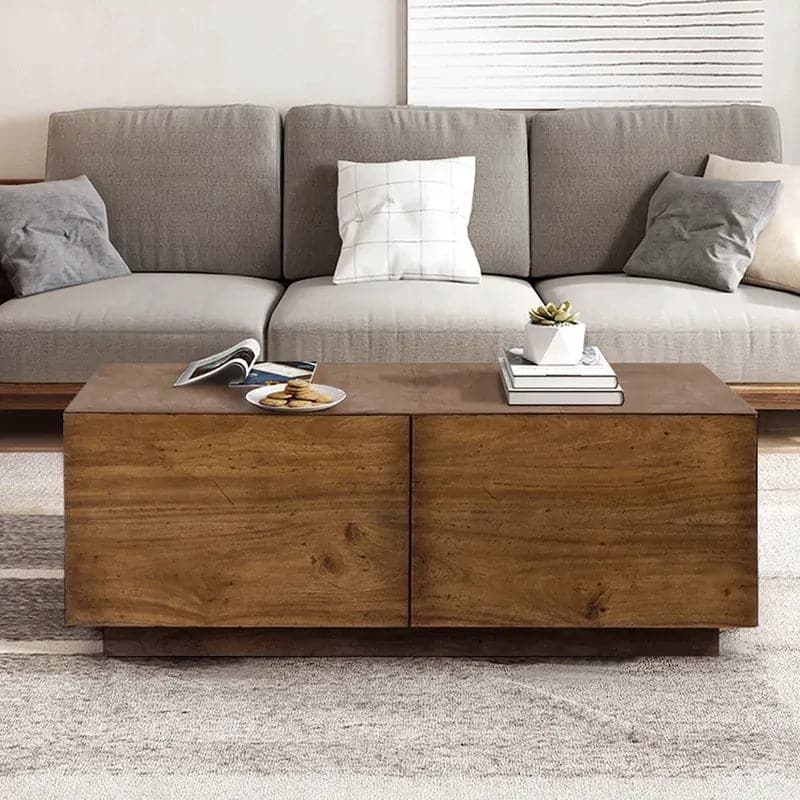 Japandi Square Coffee Table with 4 Drawers Storage Wooden Pedestal Coffee Table