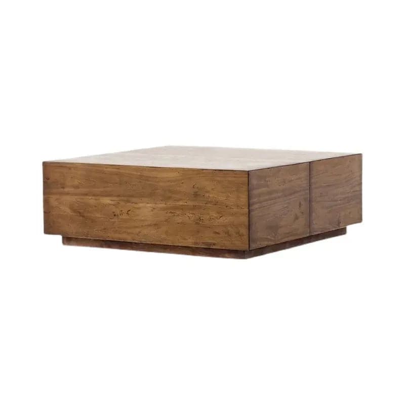 Japandi Square Coffee Table with 4 Drawers Storage Wooden Pedestal Coffee Table