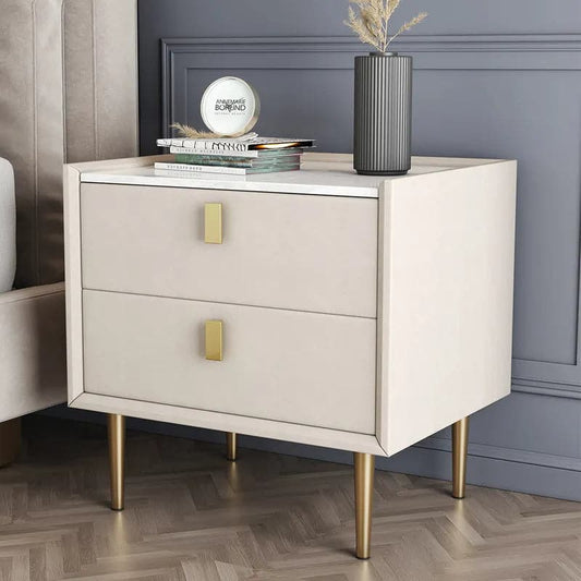 Modern 2 Drawers PU Leather Bedside Table Nightstand with Gold Metal Legs